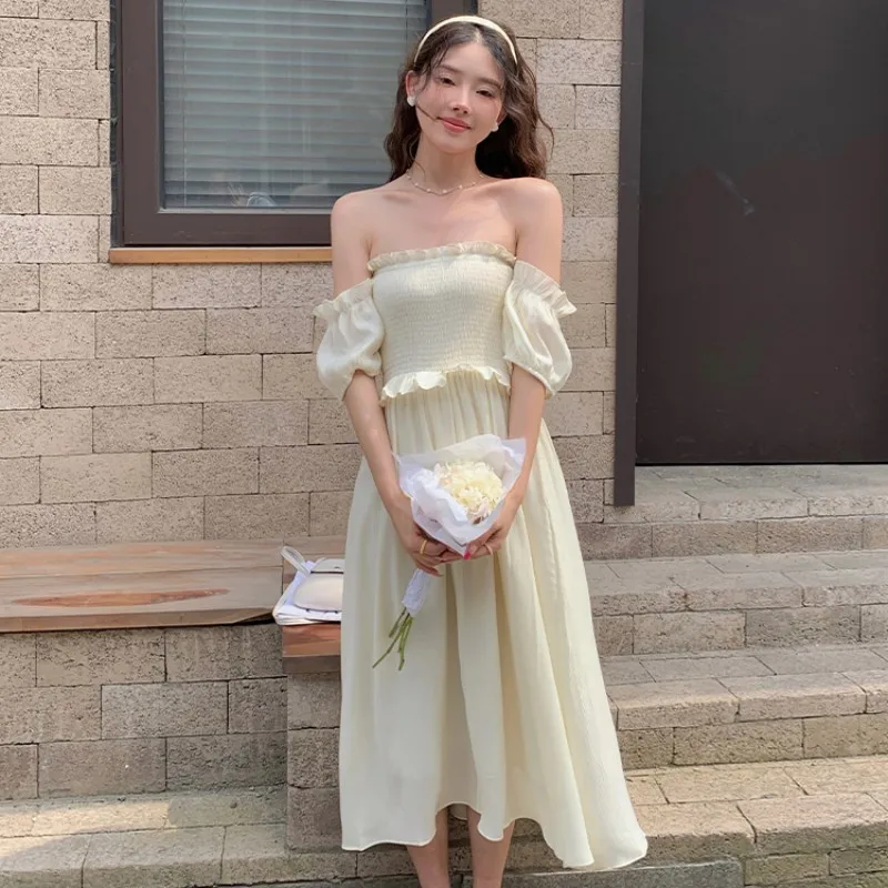 

2023 Summer New Dress French Niche Sweet Solid Color Lace Collet Lady Strapless Waist Retraction One Line Collar Free Shipping