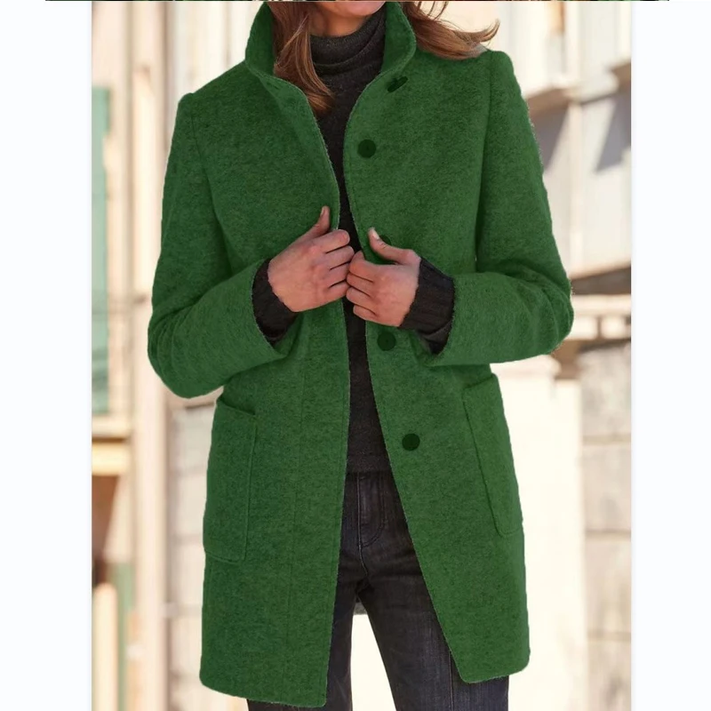 2023 Autumn Winter New Solid Color Fashion Stand Collar Long Sleeve Mid-length Jackets Women Loose Pocket Button All-match Coat
