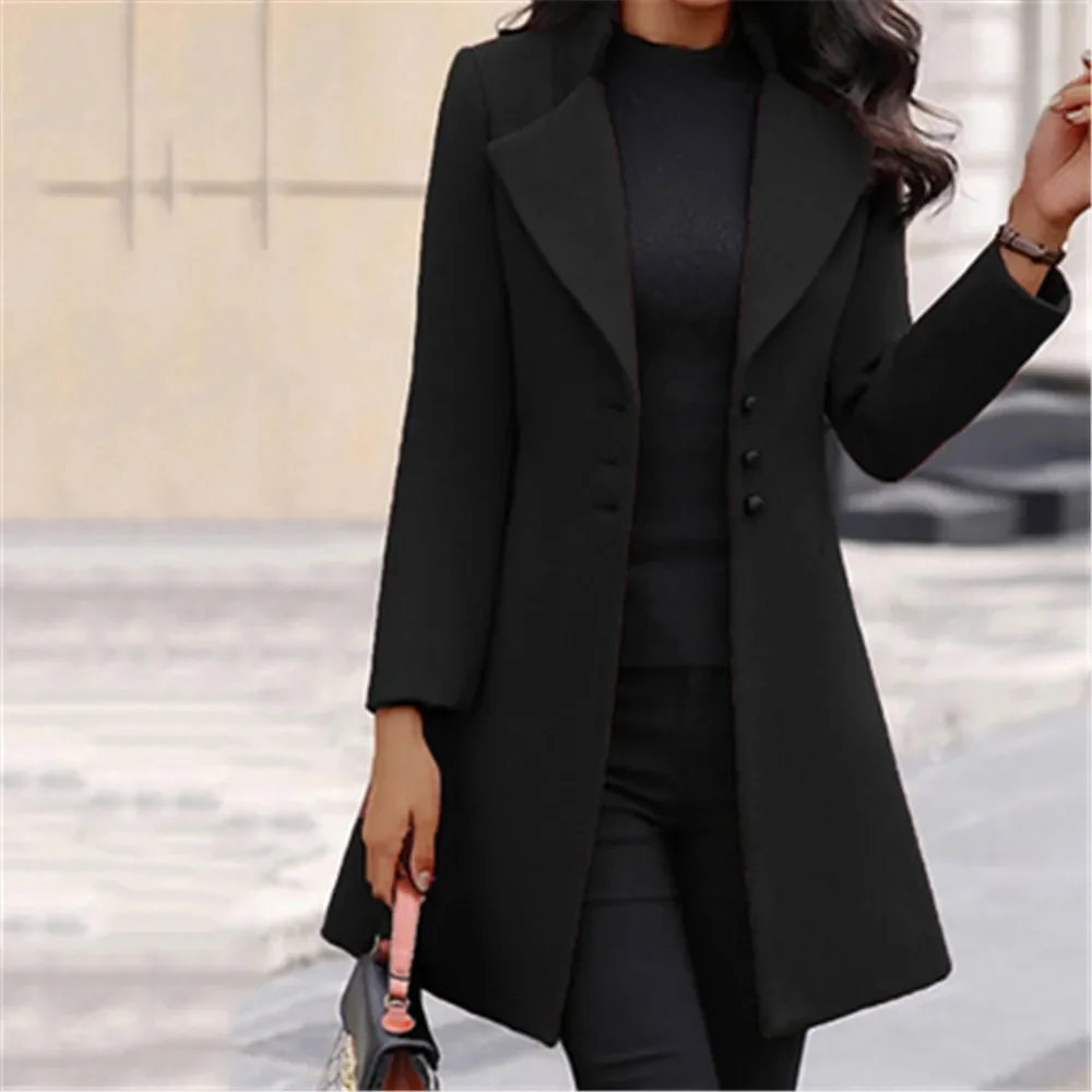 Fashion Women's Long Sleeve Wool Coat Suit Collar Solid Color Long Jacket Jacket Autumn Fashion Long Korean Cardigan Jacket