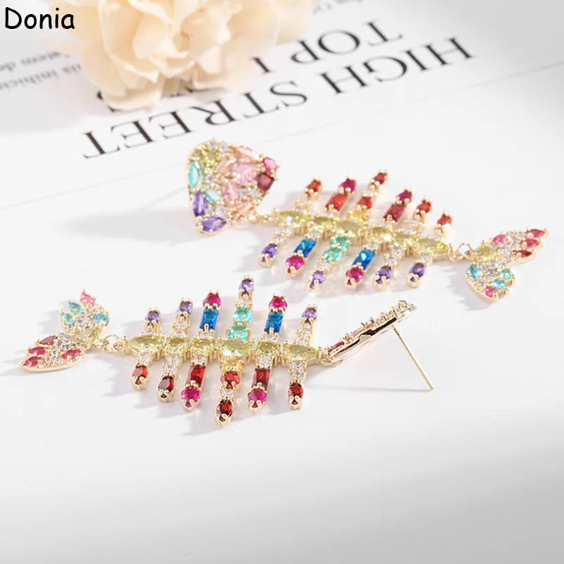 Donia Jewelry Fashion Long Fishbone Titanium Steel Micro-Inlaid AAA Zircon Earrings Luxury Silver Needle Accessories