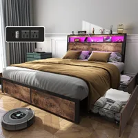 Queen Size Bed Frame with 4 Storage Drawers, Charging Station and LED Lights,2 Tier Headboard Storage, Noise Free, Bed Frame 1