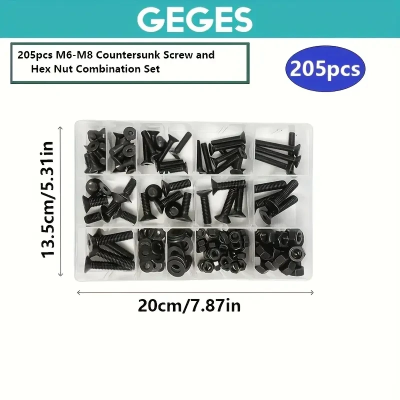 205 M6-M8 Countersunk screw and hex nut set, black flat head screw, metric hex socket screw, full thread
