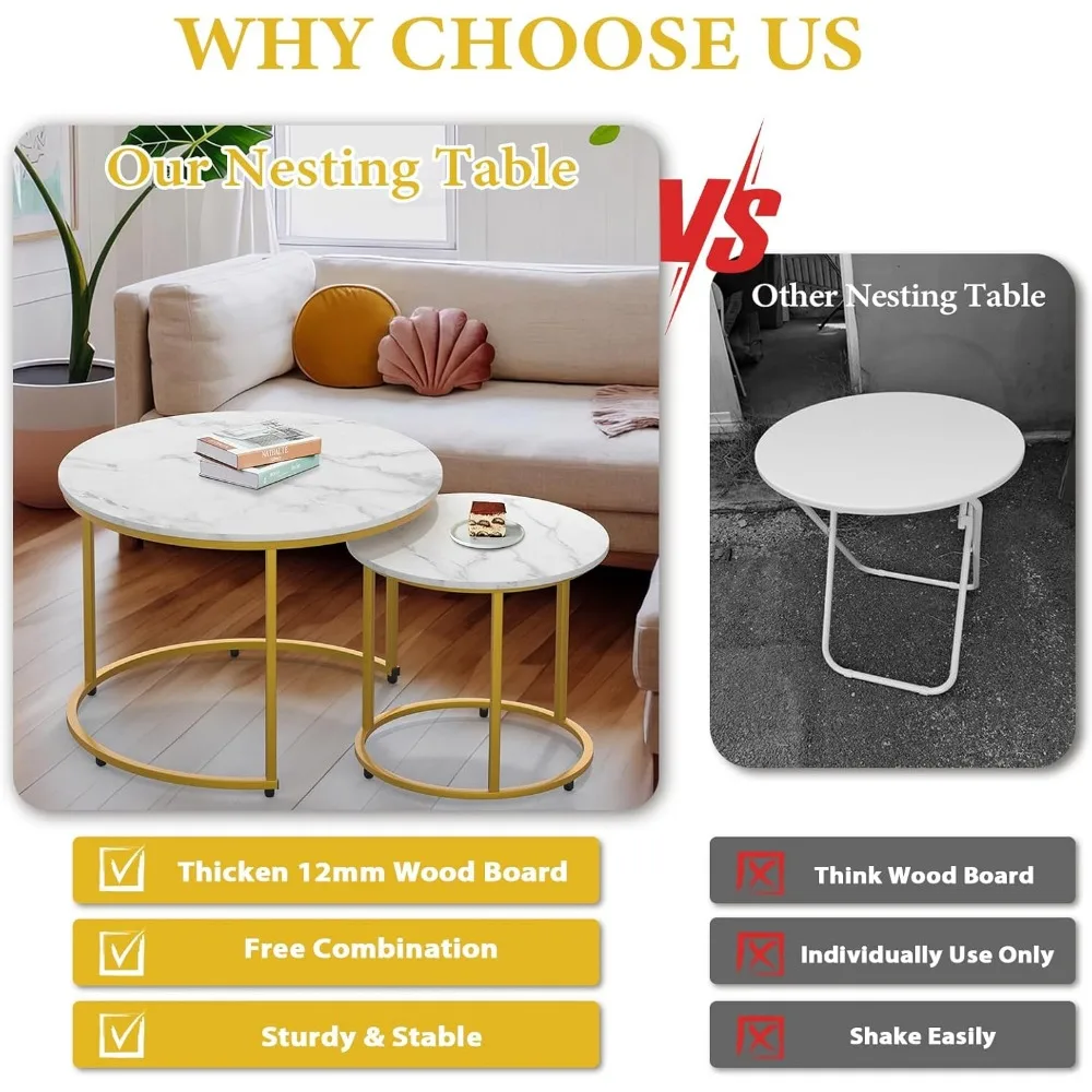 2-piece Nested Table Set, Living Room Circular Coffee Table with Golden Metal Frame, Marble Patterned Nested Table 5
