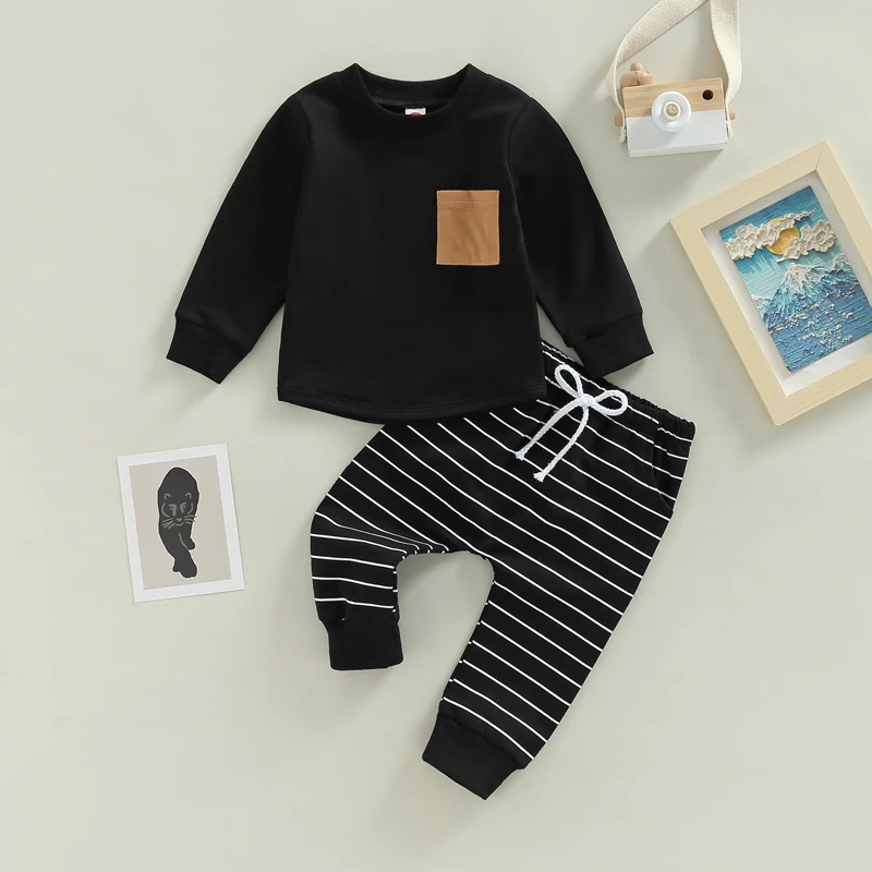 FOCUSNORM 0-3Y Autumn Causal Baby Boys 2pcs Clothes Sets Striped Patchwork Long Sleeve Pullover Pocket Sweatshirt Tops Pants