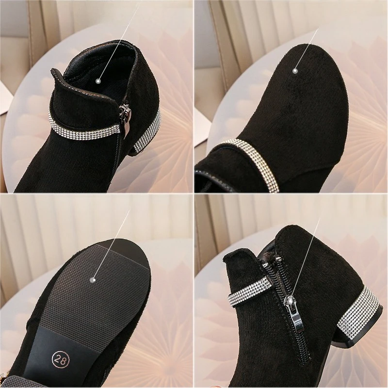 Black Velvet Ankle Boots with Rhinestone for Girls