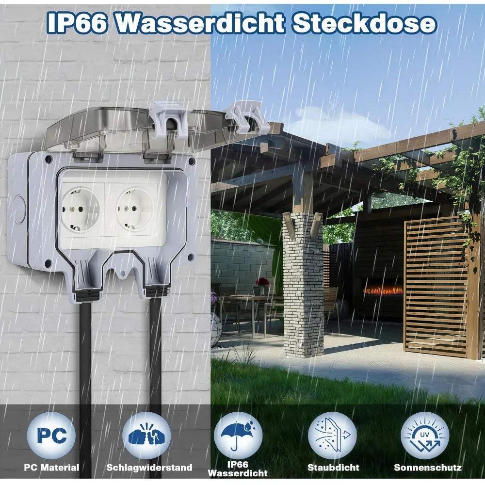 Weatherproof Double Power Outlet with Protective Cover - Wall-Mounted Outdoor Electrical Socket