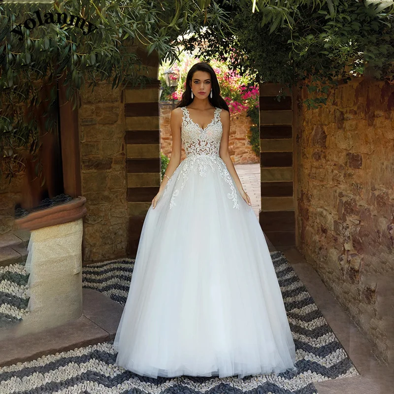 

YOLANMY Classic Wedding Dress Simpie V-Neck Appliques Illusion Off the Shoulder Tulle Robe De Soirée De Mariage Custom Made