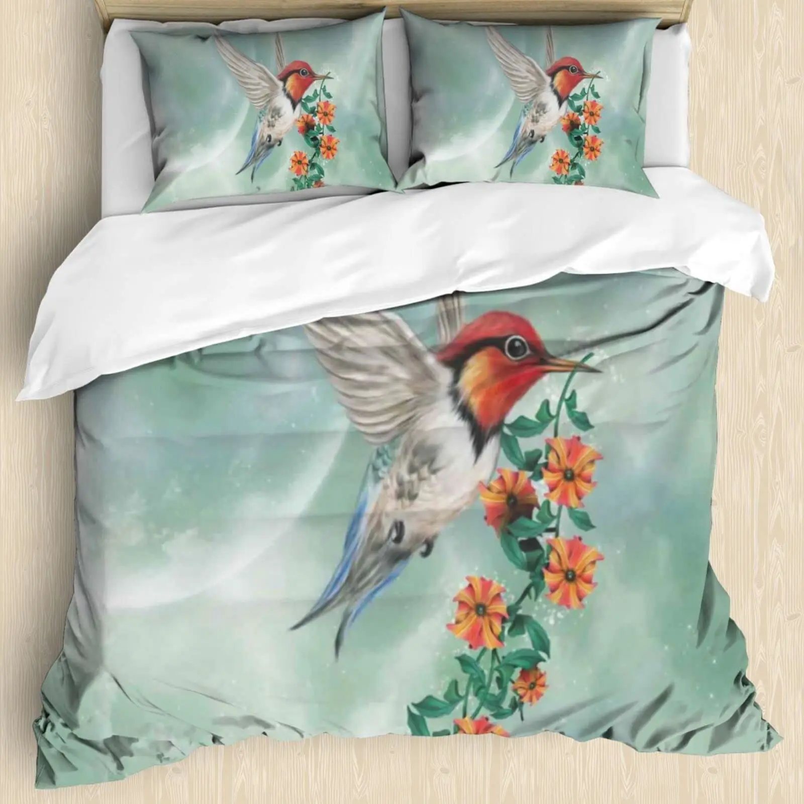

Hummingbird Orchid Flowers Bouquet Print Bedding Set, Decorative Quilted 3 Piece Duvet Cover Set with 2 Pillow Shams, Full Size