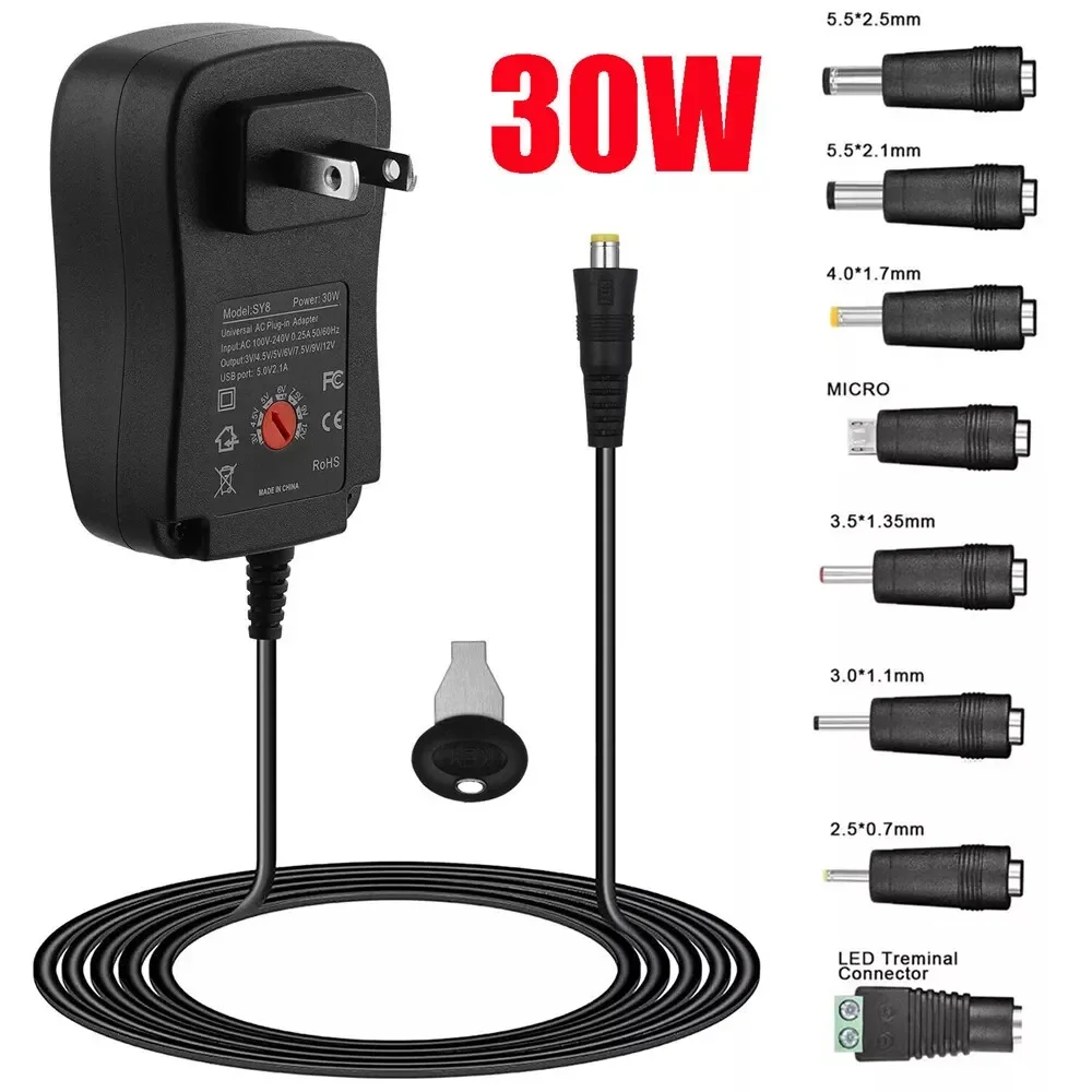 30W Universal Power Adapter Adjustable Voltage AC/DC Supply 8 Tips For EU US UK AU Plugs Worldwide Charging Compatible power adapter