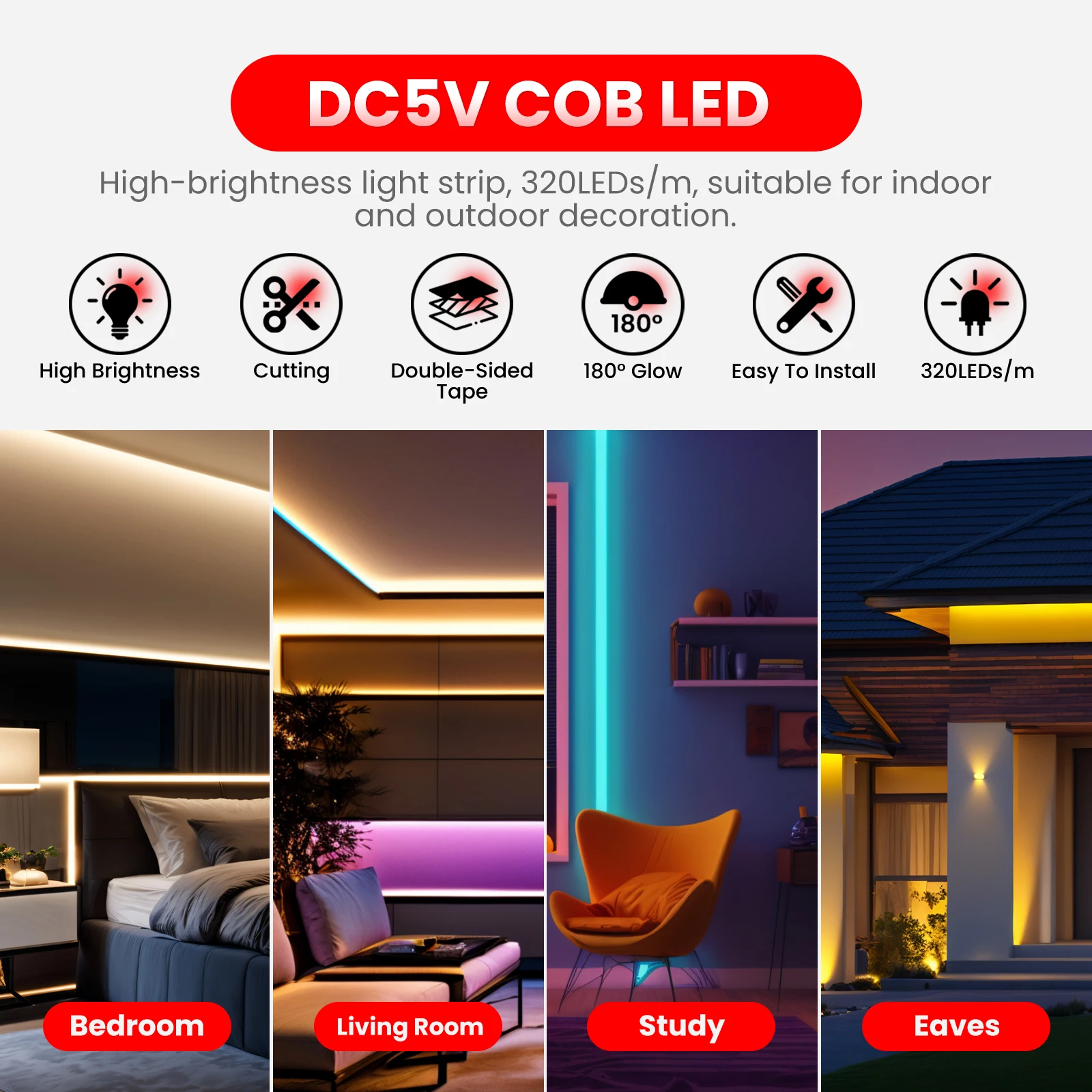 모션 센서가 있는 COB LED 스트립 5V 320LED/m 유연한 리본 배터리 테이프 주방 언더 캐비닛 램프 흰색 빨간색 녹색 아이스 블루
