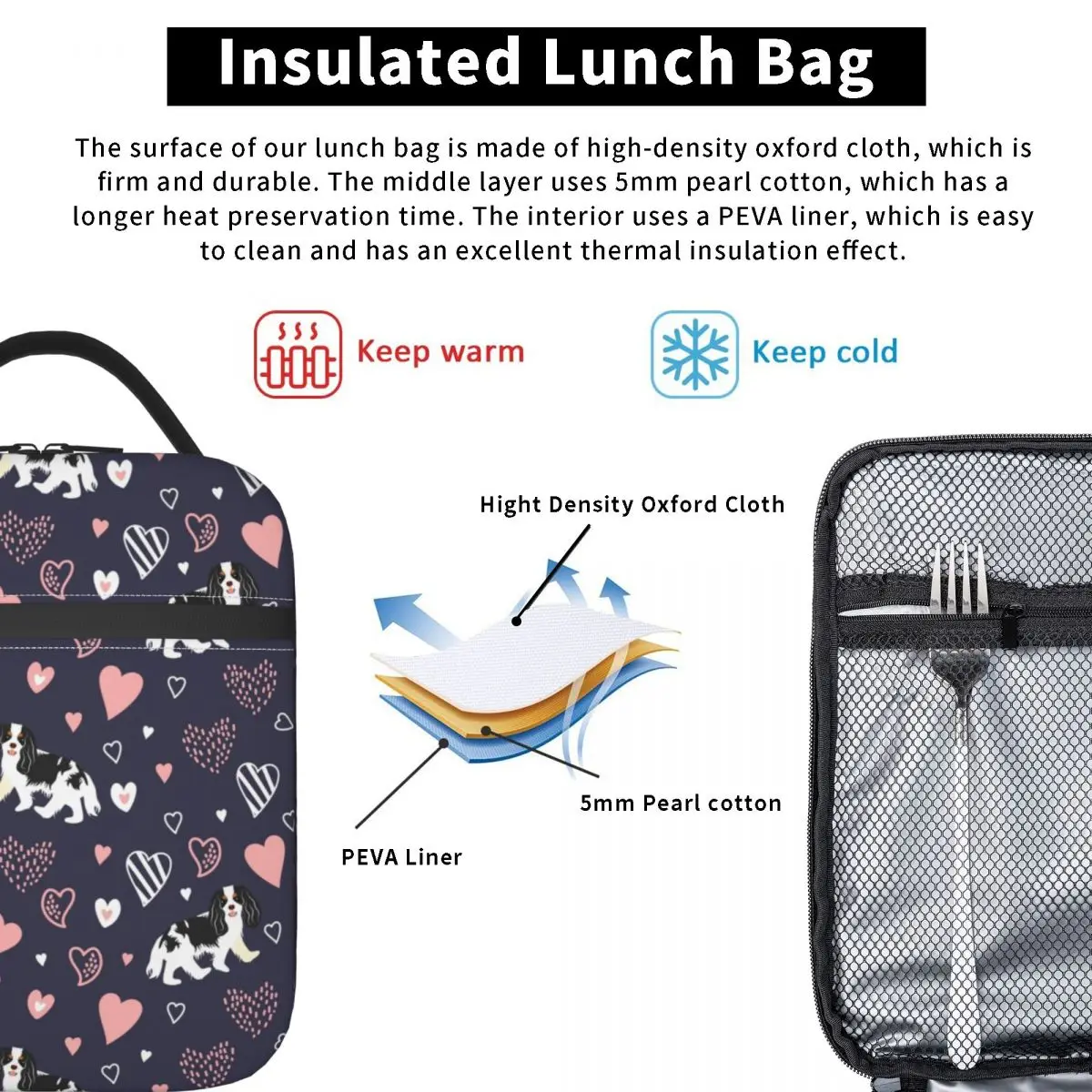 Love Black White Cavalier King Charles Spaniel Portable Lunch Boxes Leakproof Blue Dog Thermal Cooler Food Insulated Lunch Bag