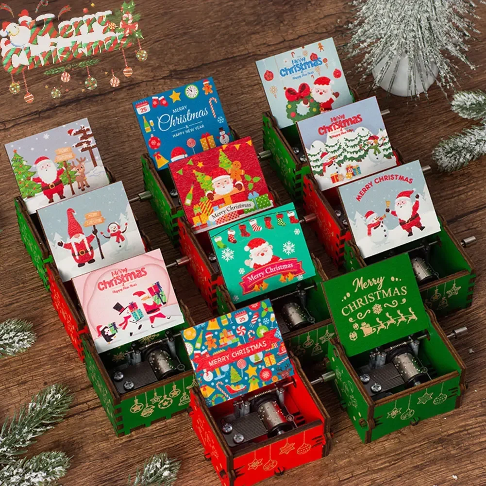 Jingle Bells Music Box Color Printing Wooden Carved Hand Crank Musical Box Birthday Present New Year Christmas Gift