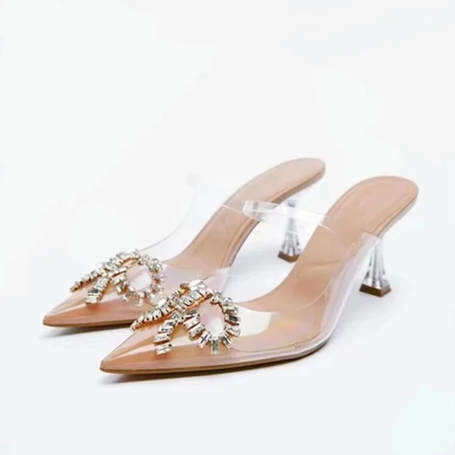 Shoes For Women 2022 Sandals ZARZ Luxury Brand Summer Fashion Transparentes Rhinestones Pointed Heeled Slippers Woman Sexy Pumps bow tie