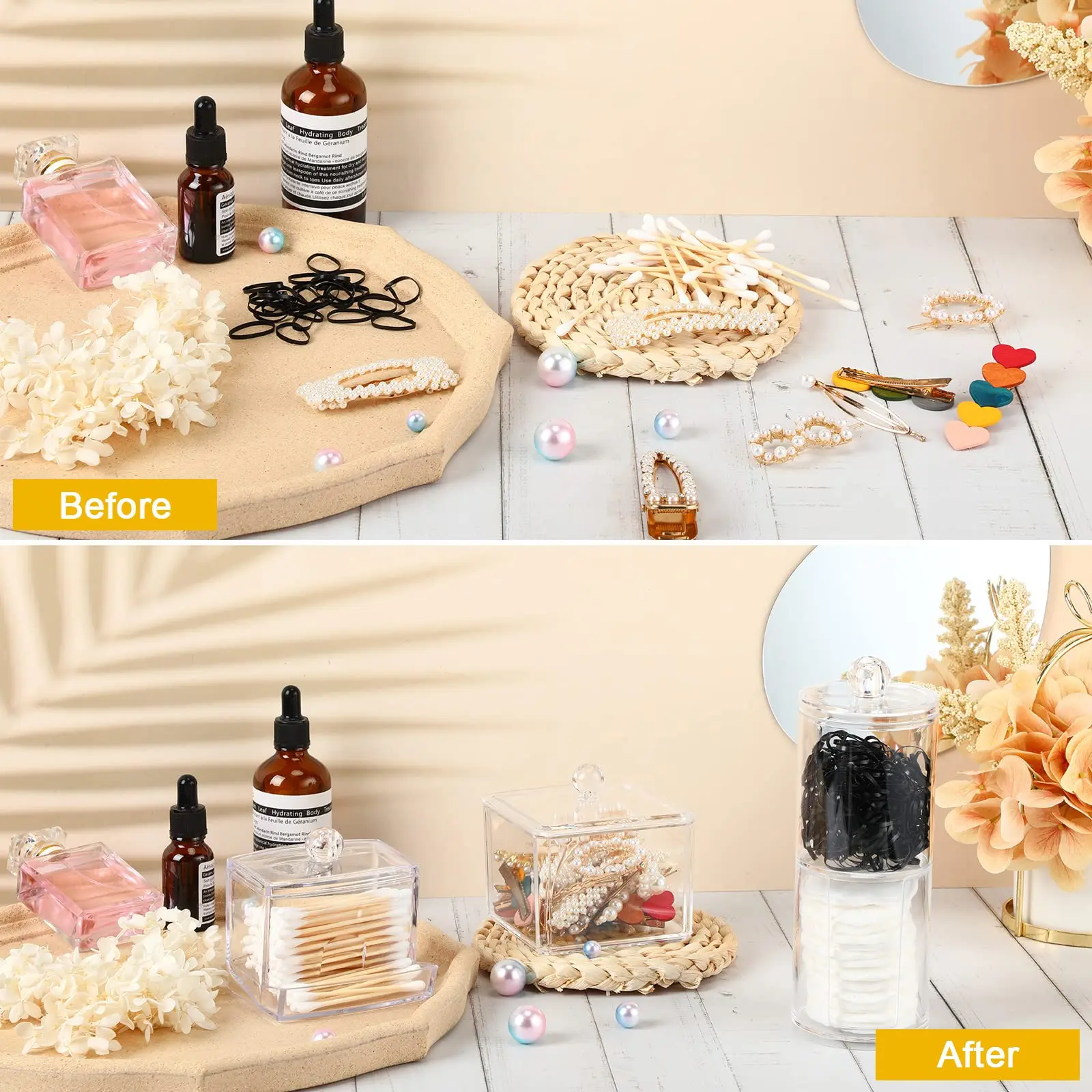 Square Qtip Holder Acrylic Bathroom Vanity Countertop Storage Box Organizer Canister Jar for Cotton Swabs, Rounds Balls, Makeup 3