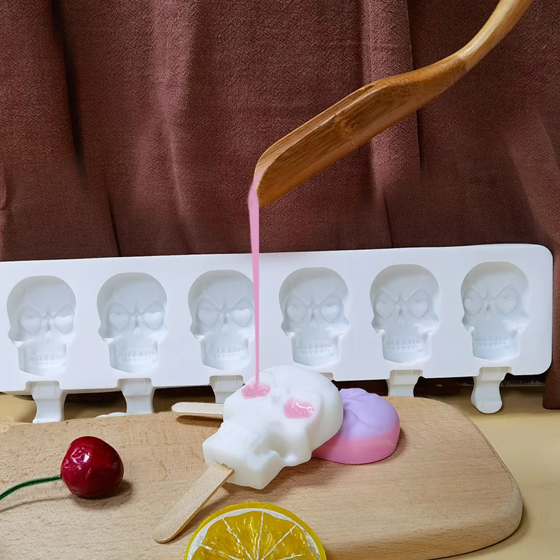 6 Skulls Ice Cream Silicone Mold Homemade Popsicle Ice Cream Mold kitchen Supplies Ice Maker Popsicle Sticks Chocolate Mold