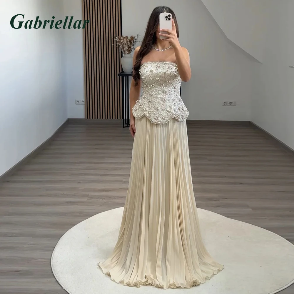 Gabriellar Fancy Strapless Eveining Dresses Dubai Lace Appliques with Beads Elegant Party Dresses Chiffon A-line Customized