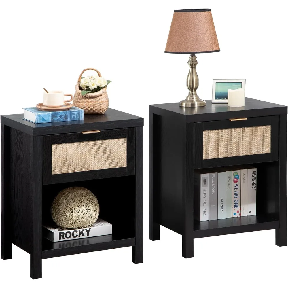 

SICOTAS Rattan Night Stands Set of 2, Farmhouse Nightstand Bedside Table with Drawer and Storage Shelf, Boho End Side
