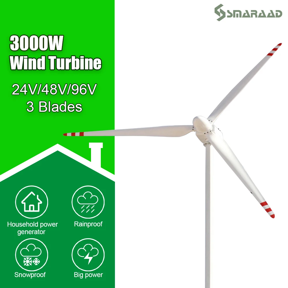 SMARAAD 3000W 24V 48V 96V 3 블레이드 수평 풍력 터빈 발전기 풍차, MPPT 충전기 컨트롤러 및 오프 그리드 인버터 포함
