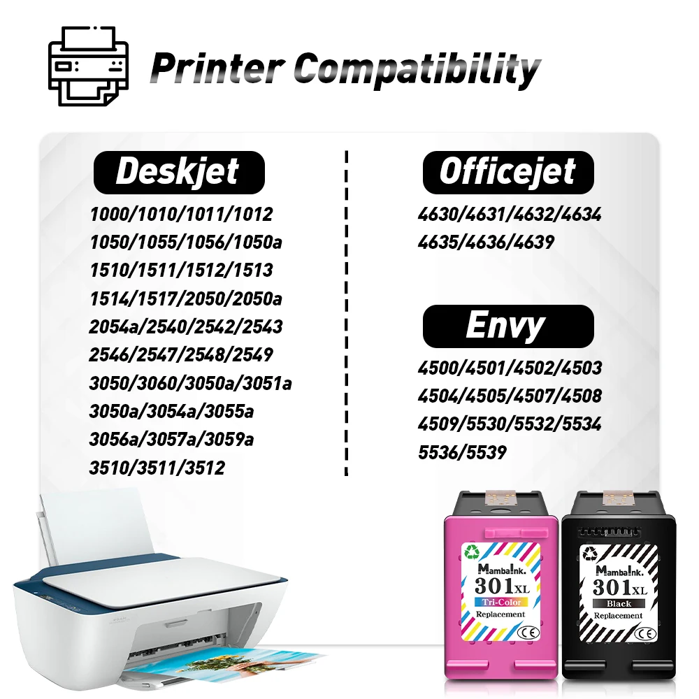 Ink Cartridge Inkjet Ink Cartridge Mambaink 301XL Ink Cartridge Replacement For HP 301 XL Deskjet 1050 2050 2050s 3050 3050a 3054 for Envy 4500 4502 4504 5530