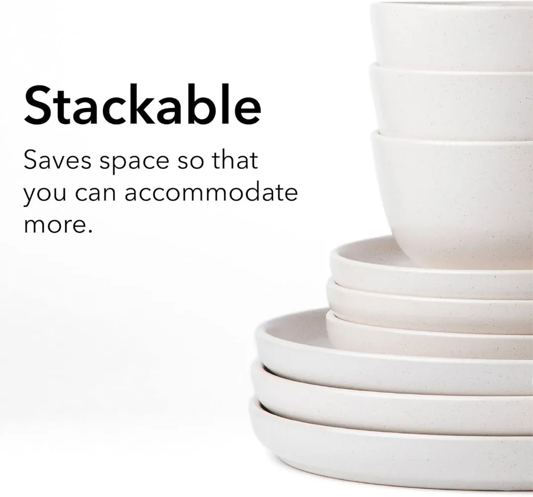 ARORA SKUGGA Round Stoneware 16pc Double Bowl Dinnerware Set for 4, Dinner and Side Plates, Cereal and Pasta Bowls-Matte White