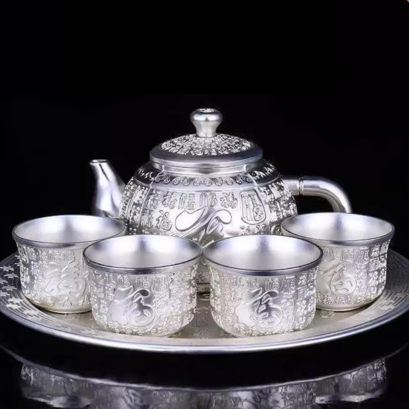

Sterling silver tea set new Baifu 999 sterling silver tea set foot silver wine set 1 plate 1 Pot 4 cups kung fu tea set Chinese