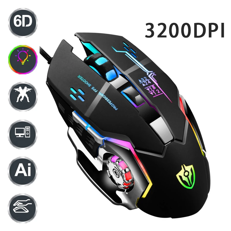 Mouse Gamer USB 3200dpi ajustável 6 botões, com led backlit gamer. Para desktop e laptop