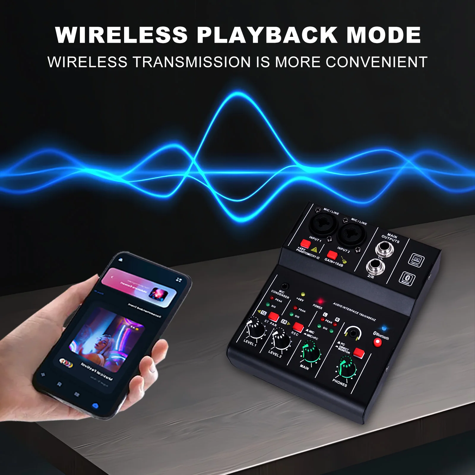 Mini Audio Mixer 2 Channels Portable Live Sound Card Board Console System 48V Phantom Power 16 BIT 48KHZ DJ Mixer