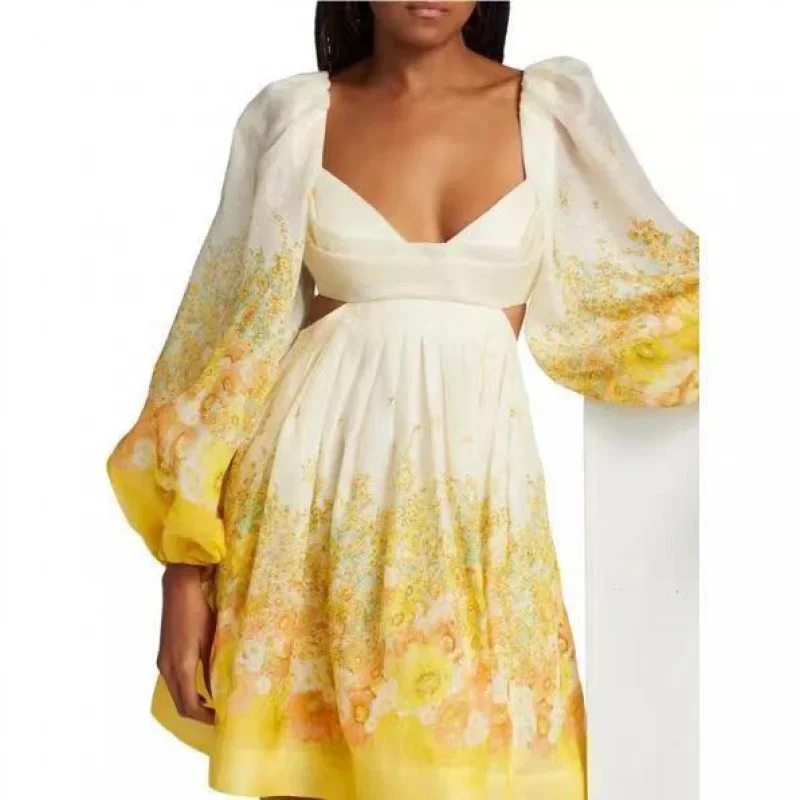

2024Australian NicheZIMSame Style Seaside Travel Non-Mainstream Style Small High Collar Mid-Length Silk Linen Silk Princess Dres