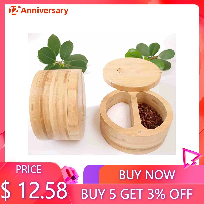 Bamboo Salt and Pepper Box Divided Salt Cellar With Swivel Lid and