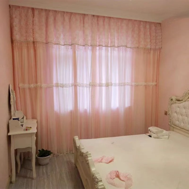 Amidoudou Double Layer Lace Curtains With Valance - Korean Style Princess Room Curtains In Beige