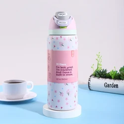 32oz Stainless Steel Vacuum Insulated Water Bottle with Straw and Leak - Proof Lid - 32OZ With Logo (Pink Flower)