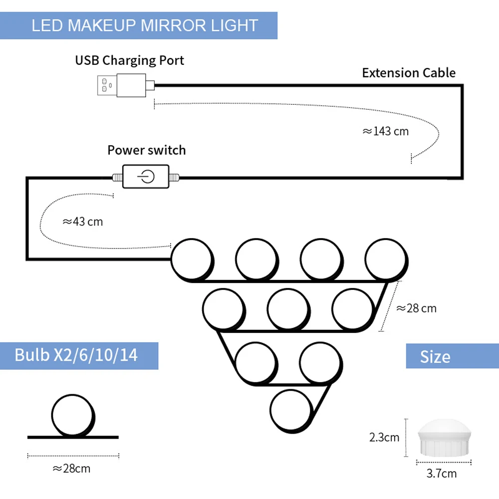 Lampe LED pour miroir, maquillage, Hollywood, ampoule USB