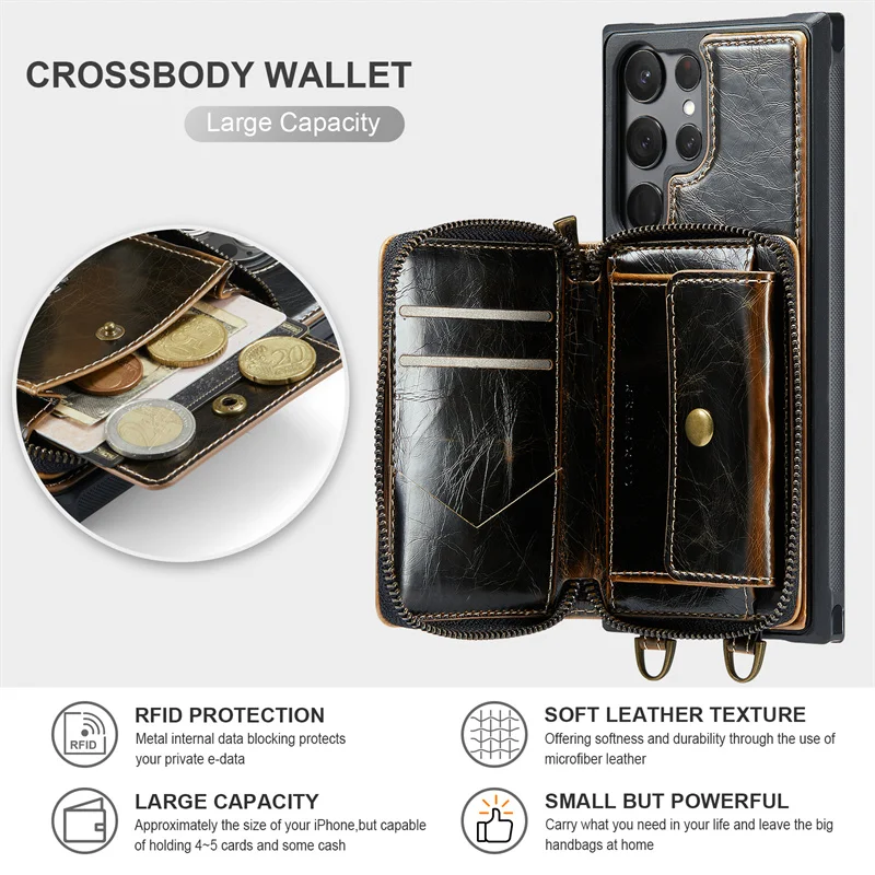 

Large capacity Card Solt Zipper Wallet Bag Back Case For Samsung Galaxy S23 S22 S21 Ultra Cover With Lanyard Strap