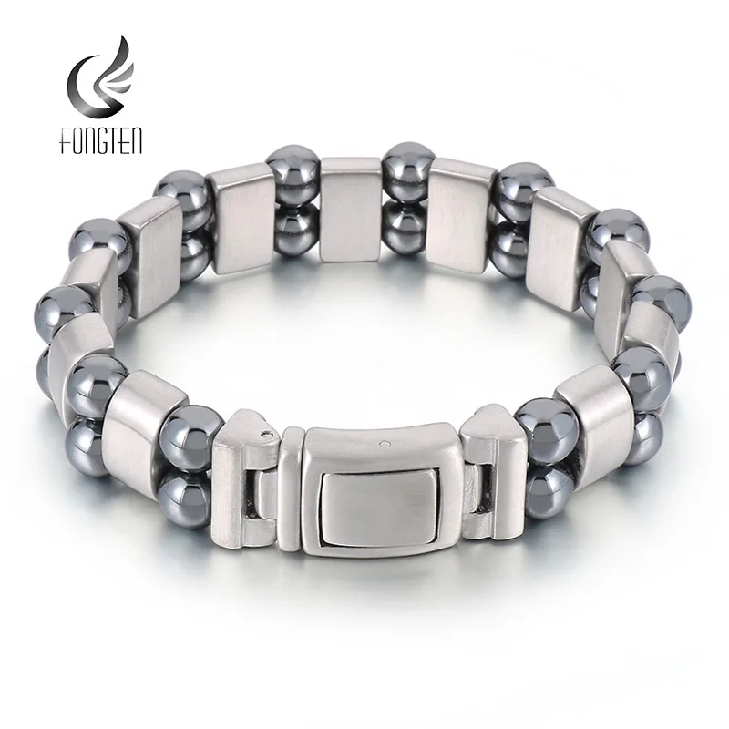 

Fongten 21cm Stainless Steel Bracelets For Men Double Layer Gray Iron Stone Chain Brushed Bracelet Bangles Silver Color Jewelry