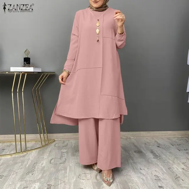 Ensembles assortis musulmans pour femmes ZANZEA 2026 – Hauts longs élégants et pantalons – Survêtement Dubai Hijab Abaya Kaftan – Tenues de Ramadan Islamiques 1