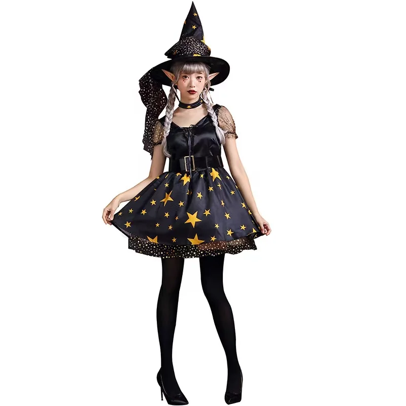 

Puffy Lace Skirt Stars Print Gothic Woman Witch Cosplay Female Halloween Sorceress Costumes Carnival Purim Role Play Party Dress