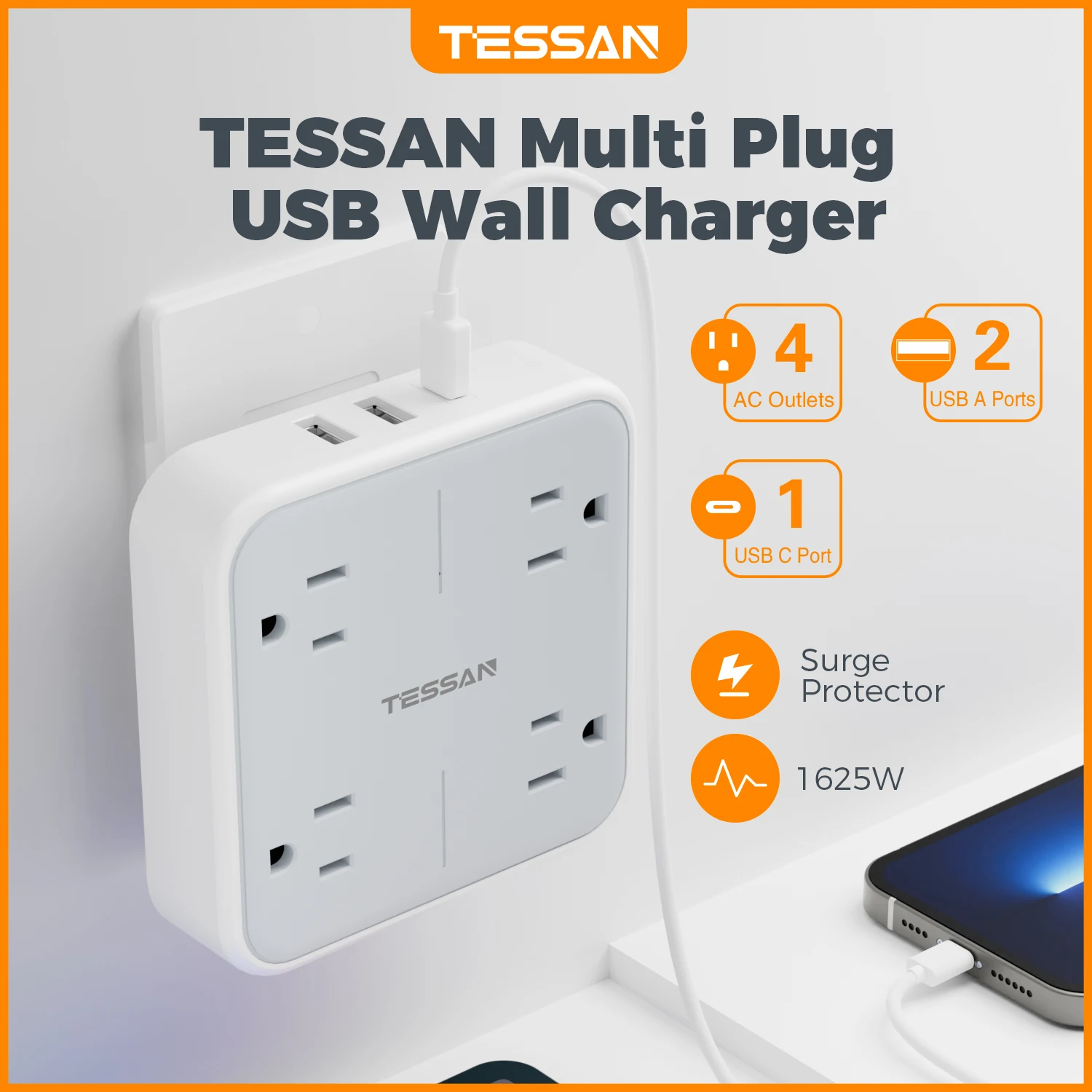 TESSAN Multi Outlet Splitter with 4 AC Outlets 2 USB A and 1 Type C Surge Protector Multi Outlet Extender for Home Office Dorm