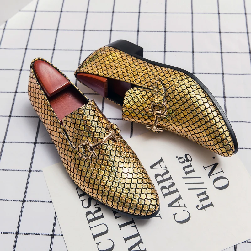 mens metallic gold dress shoes OneDrop Wedding Party And Prom Gold Colors Dress Shoes Men Luxurious Glitter Handmade Loafers Gold / 8.5 main image 0