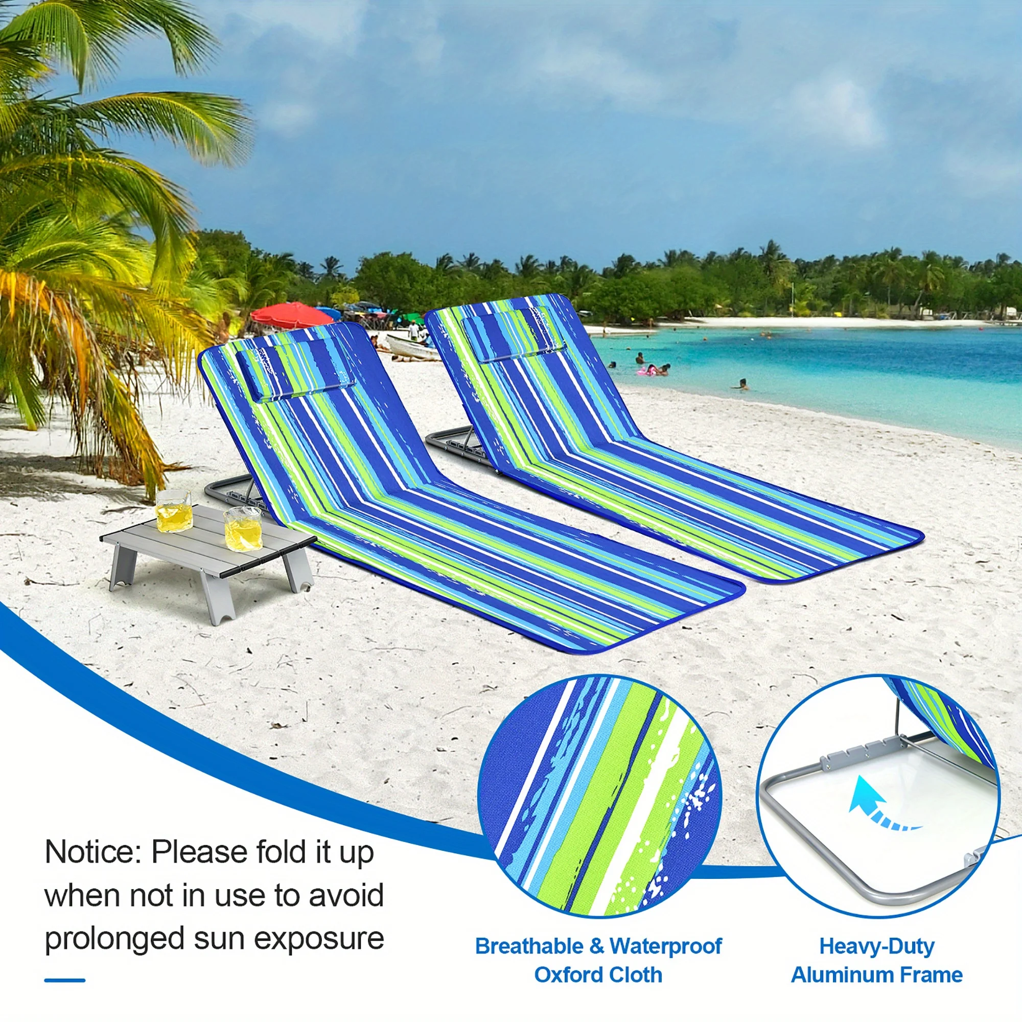 Lounge Chair Mat Set - Adjustable Chairs with Sunbathing Table, Striped Style for Ultimate Relaxation 4