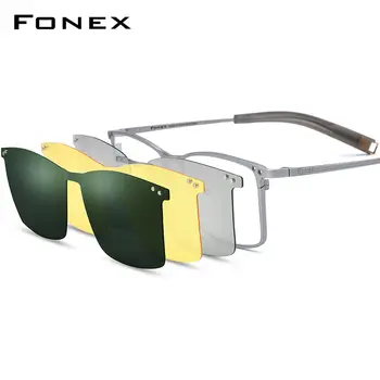 FONEX Titanium Glasses Frame Men Square Magnet Clip Eyeglasses with 3D & Night Vision & Polarized Lens Japanese Eyewear 85760