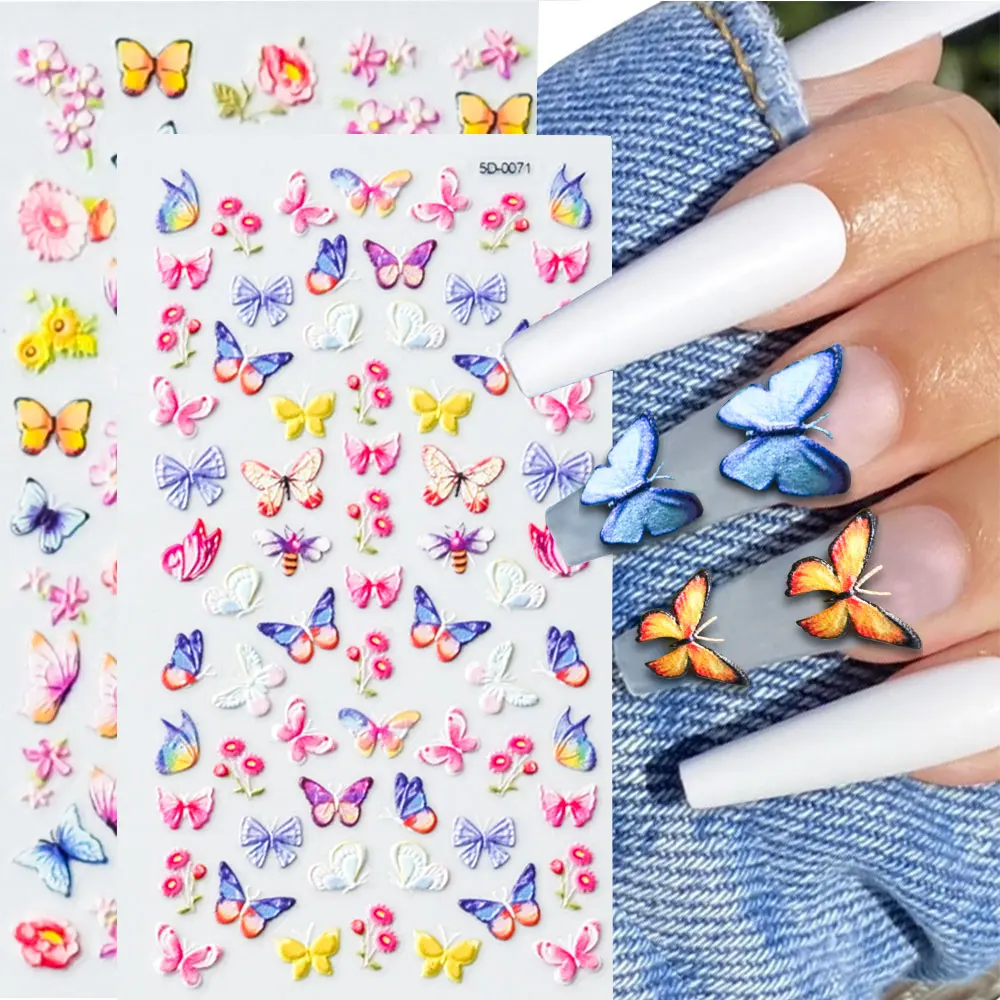 

Butterfly Flowers 5D Nail Art Stickers 8*10CM Emboss Charm Butterfly Slider Manicure DIY Bohemia Butteflies Adhesive Nail Decals