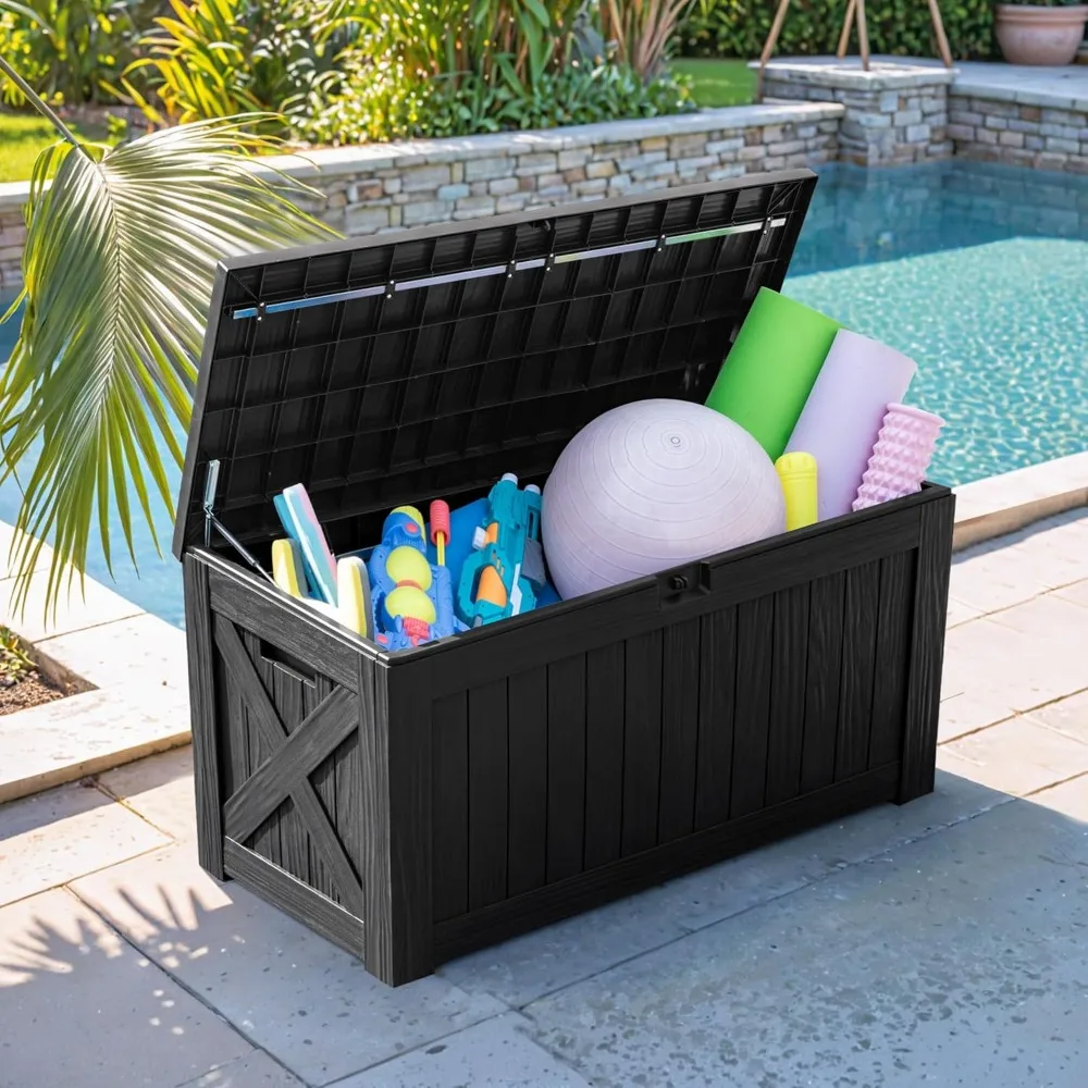 Resin Deck Box 120 Gallon Waterproof Large Deck Boxes Plus Outdoor Indoor Storage Box Imitation Wood Resin 3
