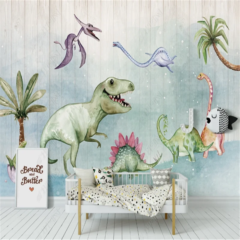 

Modern Dinosaur 3D Mural wallpaper for kids room Wooden Board Children's room Background Wall Paper Home Decor papel de parede