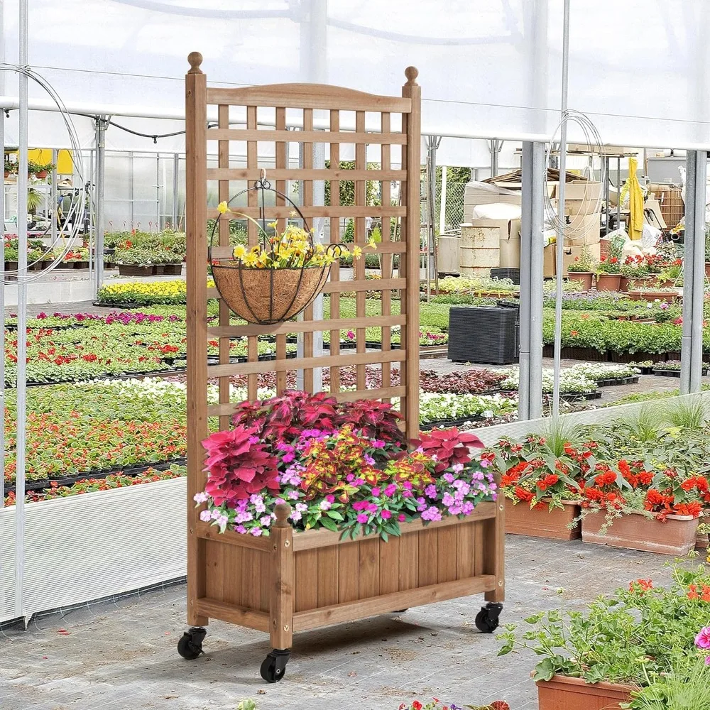Raised Garden Bed 2pcs 50" H with Trellis & Wheels Standing Vertical Horticulture Planter Box for Vine Climbing Plants