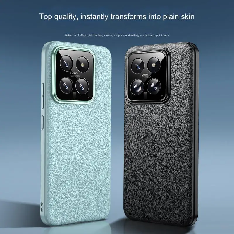 

Luxury Vegan Leather Case For Xiaomi Mi 14 / 14 Pro Fitted Cover With Camera Protector Metal Ring High Quality Shockproof