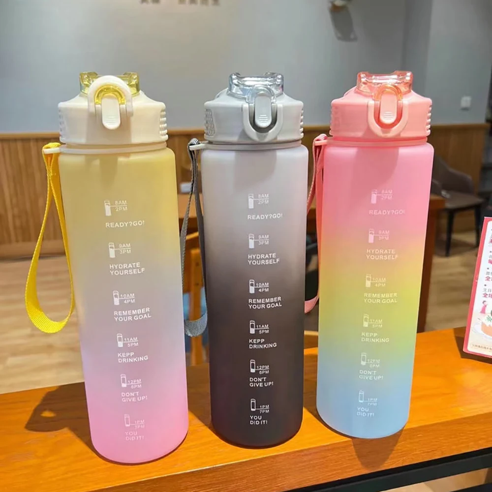 

Water Bottle Sport Motivational Drinking Bottle With Straw Time Marker Frosted Pop-up Lid Portable Plastic Water Bottles 1Liter