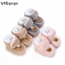VISgogo Newborn Snow Boots Cute Bear Pattern Winter Ankle Boots Baby Warm Walking Shoes for Toddler Infant