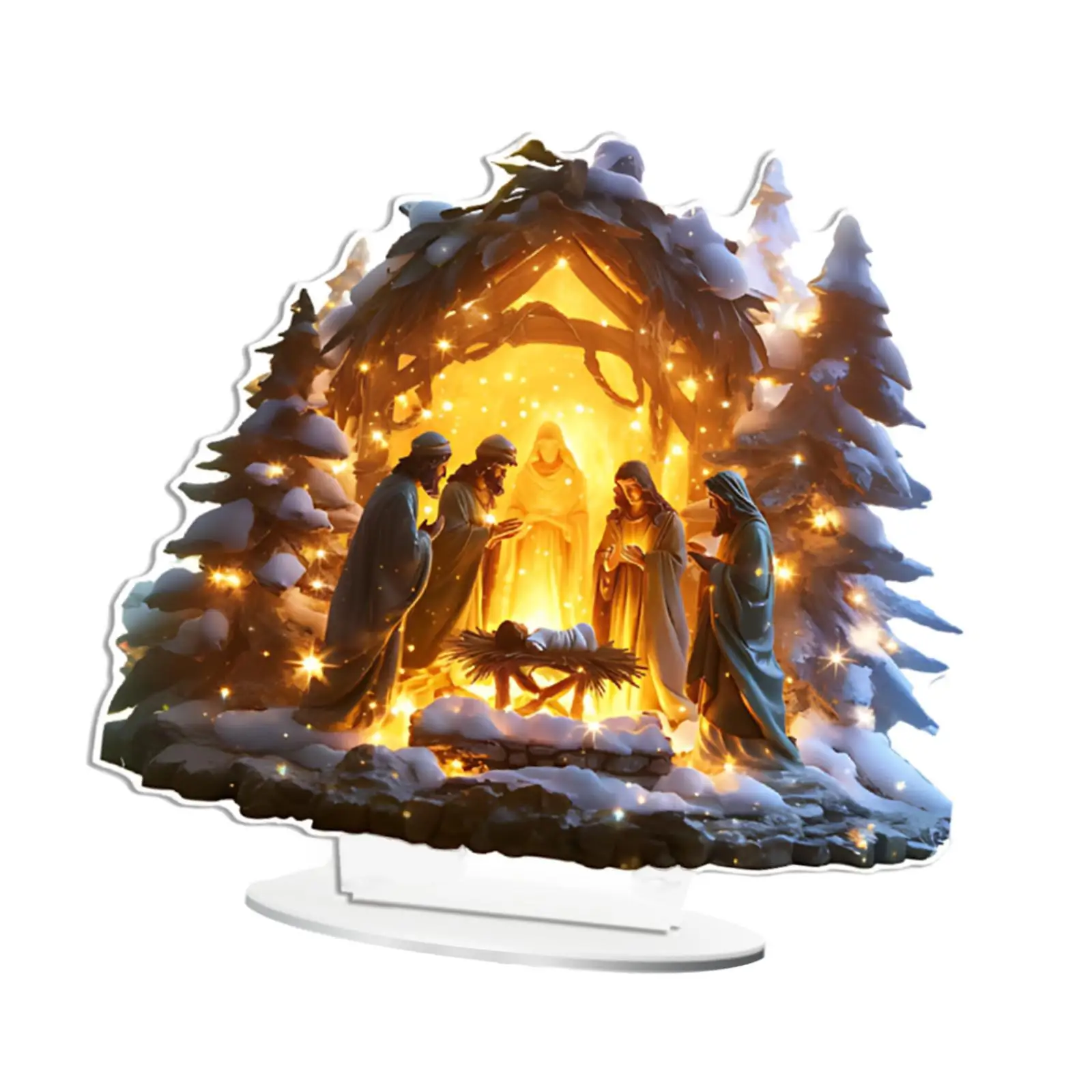 Christmas Nativity Scene Figurine Acrylic Statue Collectible Snow House Decorative Holy Family Table Ornament for Holiday