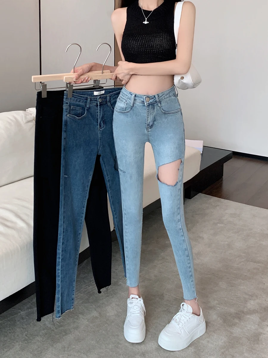 Real time shooting of holes, 9-point high waisted pencil jeans, women's summer thin 2023 Spicy Girl design, slim fit, and small