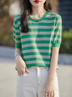 Feel Summer round Ne Striped ort Sve Women's Knitwear Loose Top Inner Wear Casual Sle Spring 2025